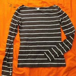 H&M Women's Long Sleeve Gray & White Striped Sweater with Buttoned Sleeves